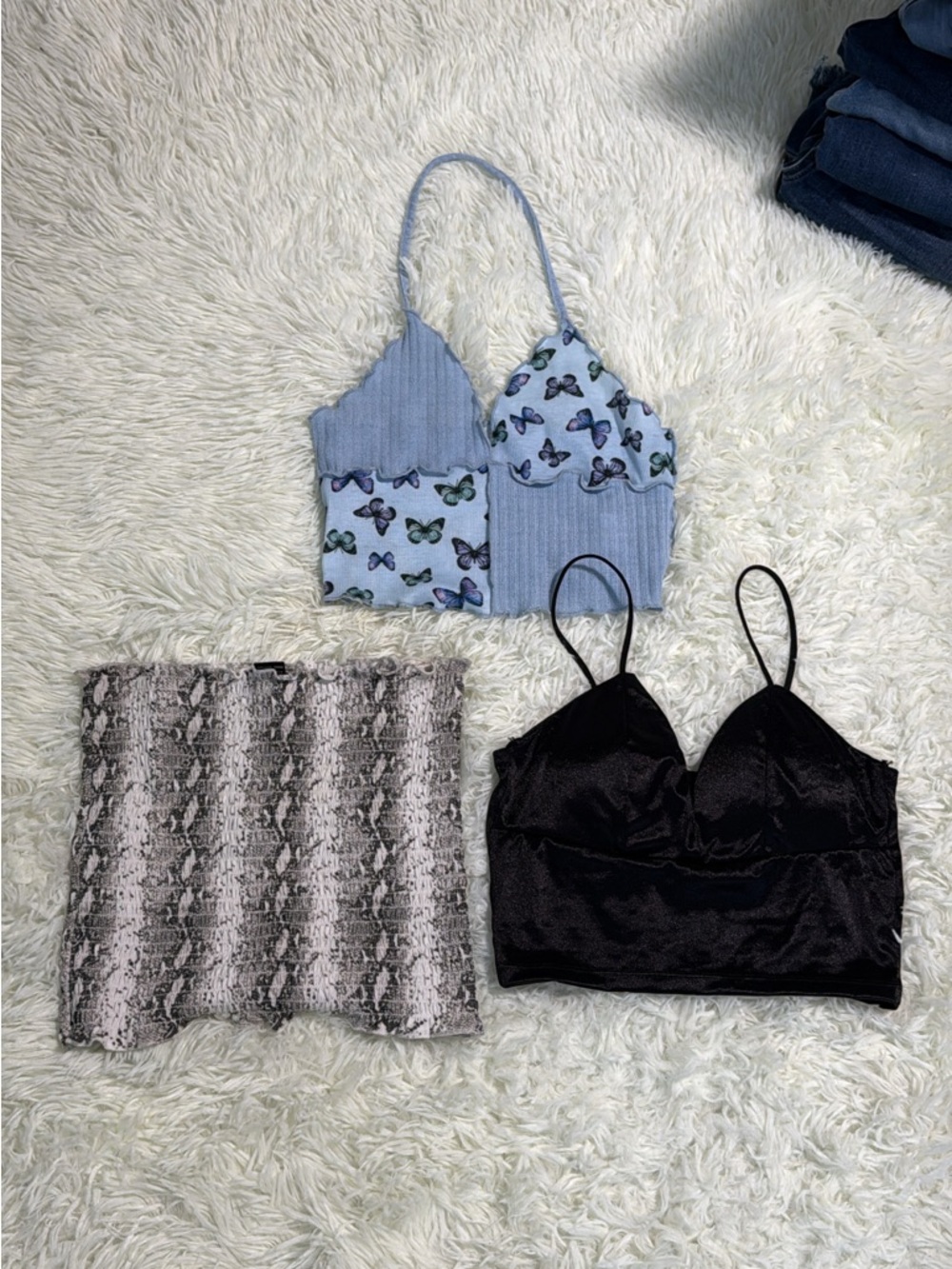 SHEIN Light Blue Butterfly Patchwork Ribbed Halter Crop Top